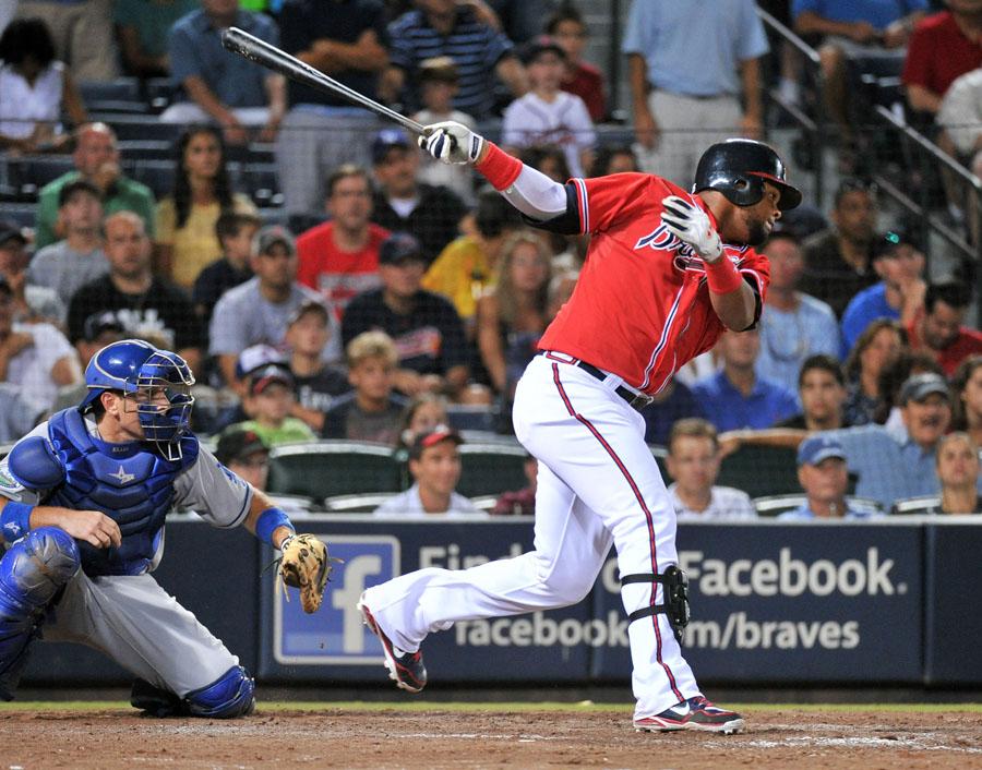 The Atlanta Braves Juan Francisco hits a game-winning RBI single against the Los Angeles Dodgers in the 11th inning at Turner Field in Atlanta, Georgia, on Friday, August 17, 2012. (Hyosub Shin/Atlanta Journal-Constitution/MCT)
