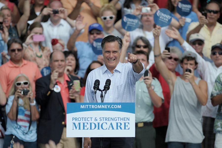 Republican presidential candidate Mitt Romney greets supporters Thursday, September 20, 2012, during a rally at the Ringling Museum of Art in Sarasota, Florida. (Paul Videla/Bradenton Herald/MCT)