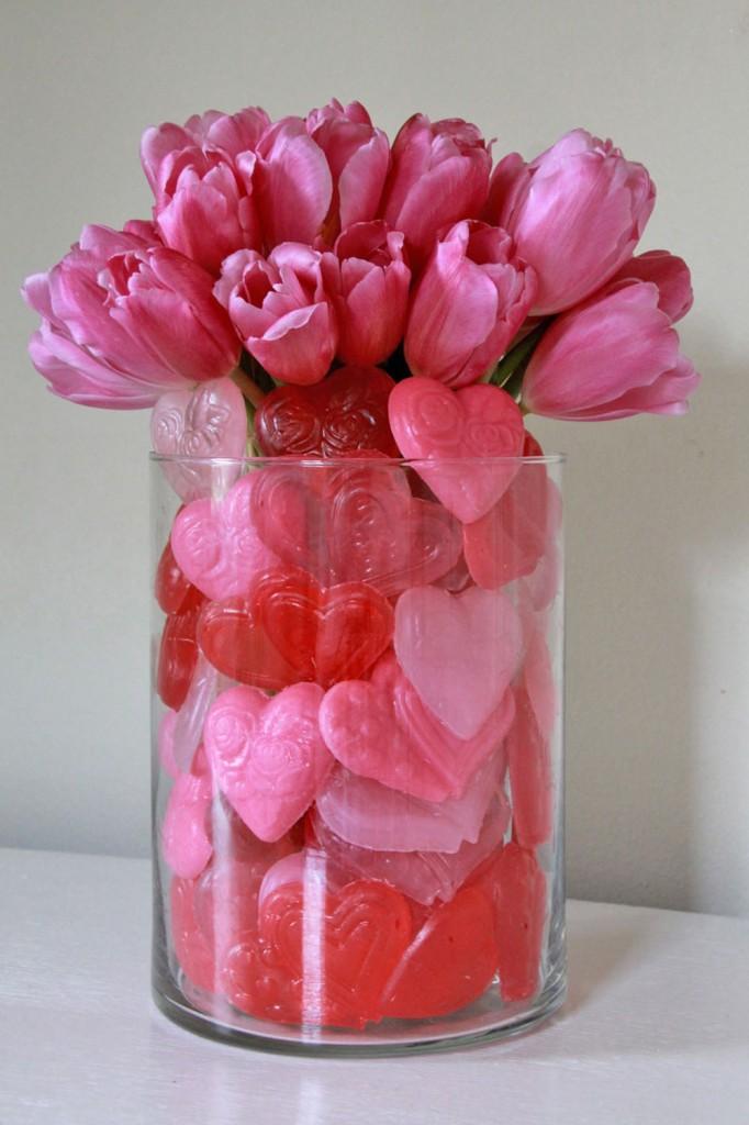 Here are some self-arranging ideas from iBulb for Valentines Day. Heart-shaped soaps surround a bouquet of tulips. (Courtesy iBulb.org/MCT)