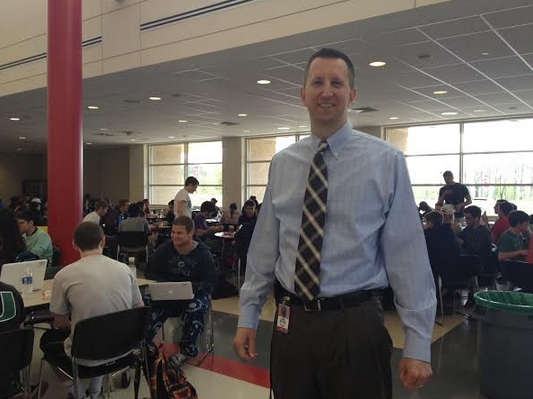 Dr. Eveslage, making his rounds in the cafeteria in 2014.