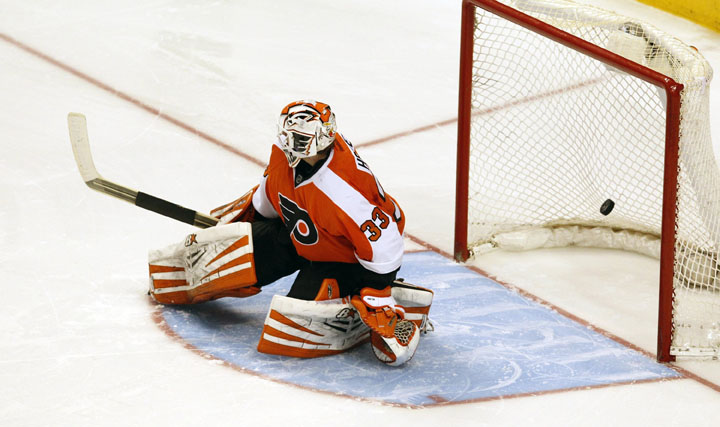 Philadelphia Flyers goalie Cal Heeter cant not stop the shootout winning goal by the Carolina Hurricanes Eric Staal at Wells Fargo Center in Philadelphia, Sunday, April 13, 2014. The Hurricanes beat the Flyers in the shootout, 6-5. (Ron Cortes/Philadelphia Inquirer/MCT)