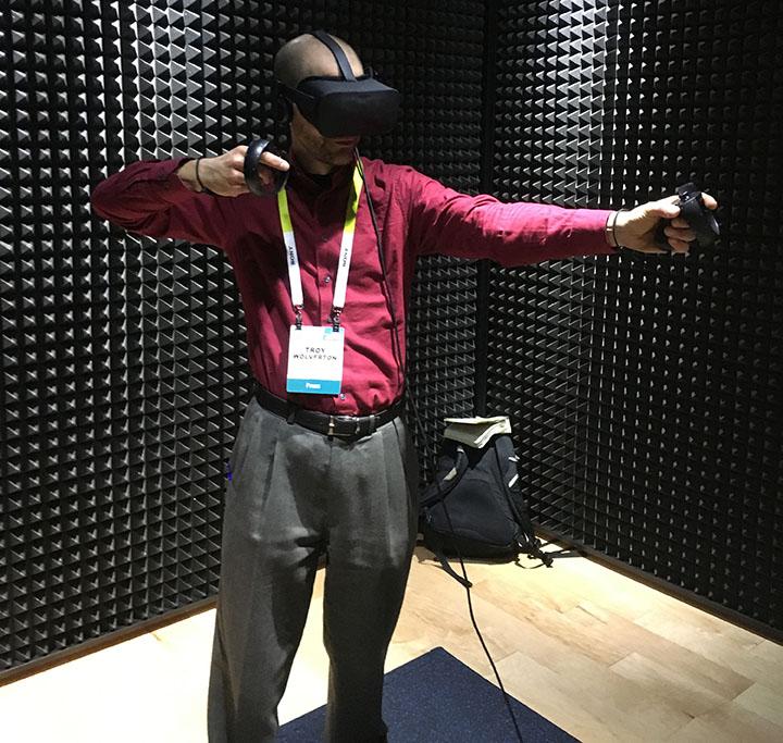San Jose Mercury News technology columnist Troy Wolverton tries out the Oculus Rift virtual reality headset system while covering the Consumer Electronics Show in Las Vegas. (Troy Wolverton & Oculus VR/San Jose Mercury News/TNS)
