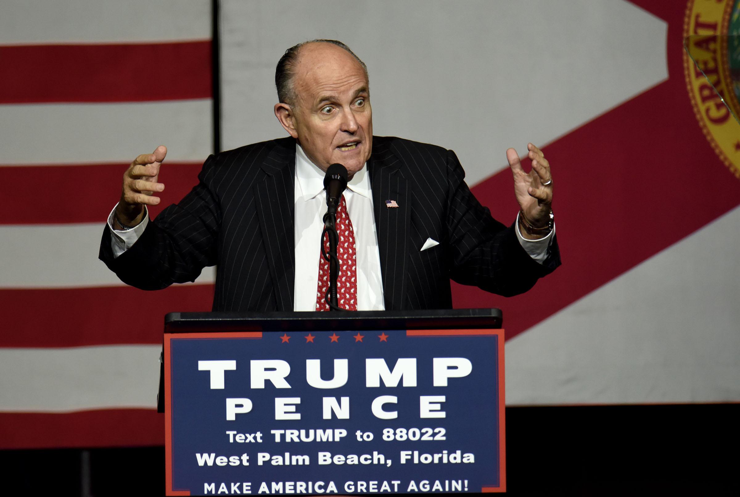 Former New York City Mayor Rudy Giuliani speaks during a campaign rally for Republican presidential candidate Donald Trump at the South Florida Fair Grounds in West Palm Beach, Fla., on Thursday, Oct. 13, 2016. (Maria Lorenzino/Sun Sentinel/TNS)
