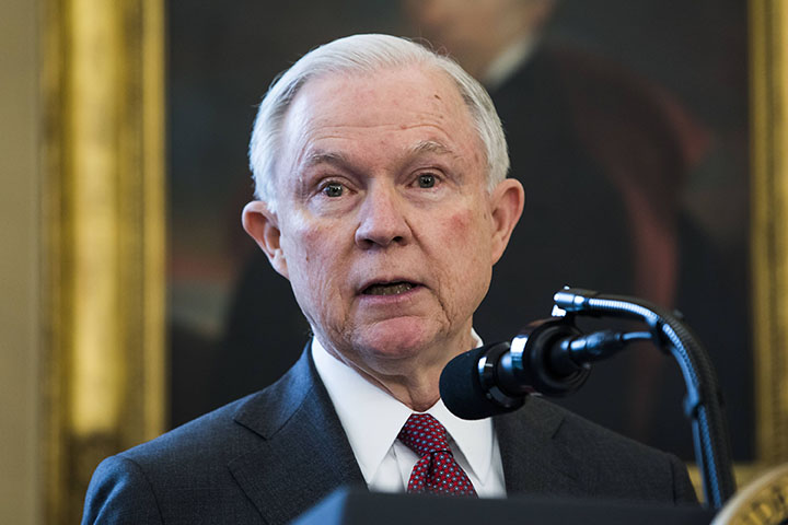 Attorney General Jeff Sessions speaks after Vice President Mike Pence swore Sessions in as the next attorney general in the Oval Office of the White House on February 9th, 2017 in Washington, D.C. (Jim LoScalzo/CNP/Zuma Press/TNS)
