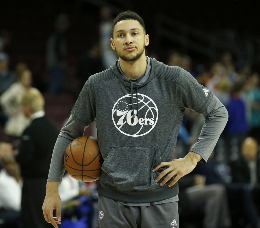 The Philadelphia 76ers Ben Simmons holds the basketball during warm-ups before a game against the Chicago Bulls on Thursday, April 6, 2017, at the Wells Fargo Center in Philadelphia. (Yong Kim/Philadelphia Daily News/TNS)