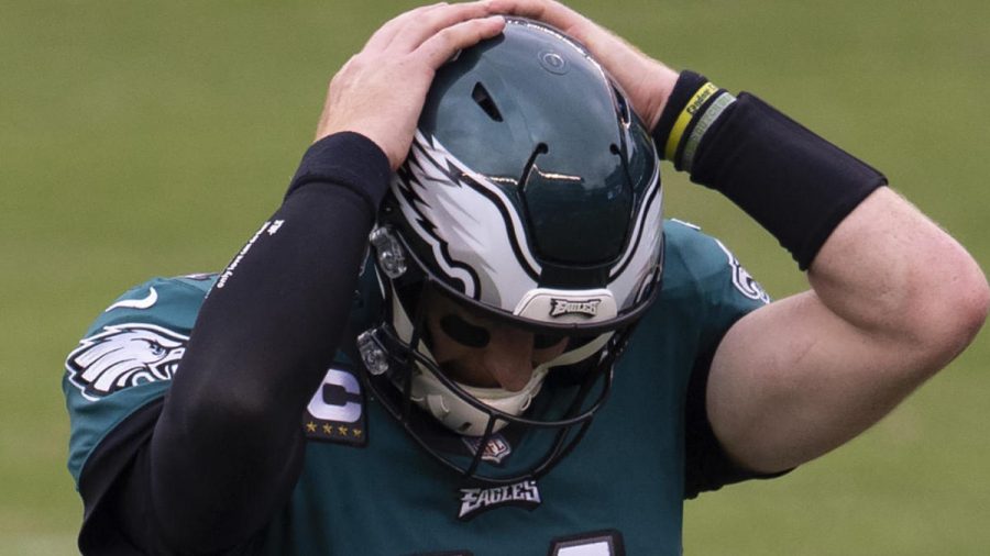 PHILADELPHIA, PA - SEPTEMBER 27: Carson Wentz #11 of the Philadelphia Eagles reacts against the Cincinnati Bengals at Lincoln Financial Field on September 27, 2020 in Philadelphia, Pennsylvania. (Photo by Mitchell Leff/Getty Images)