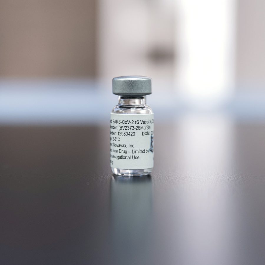 A vial of the Novavax COVID-19 vaccine. 