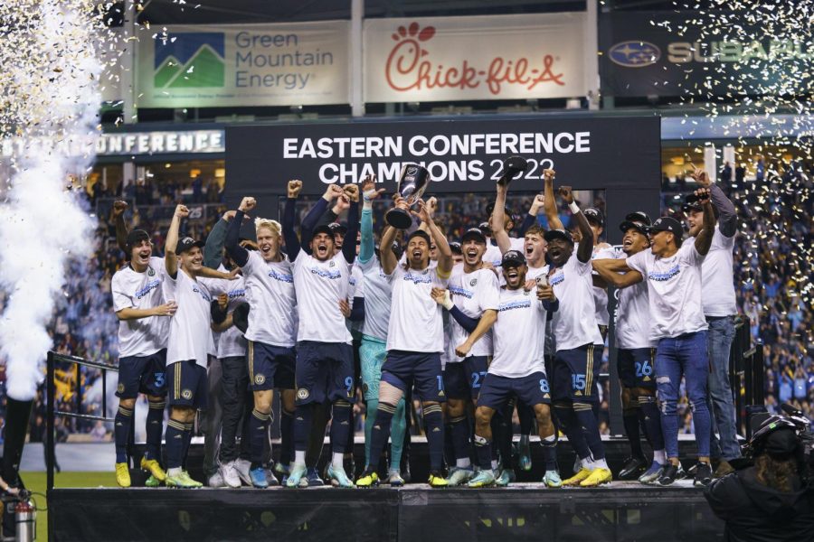 The+Philadelphia+Union+players+celebrate+being+Eastern+Conference+Champions+for+the+first+time+in+their+team%E2%80%99s+history.